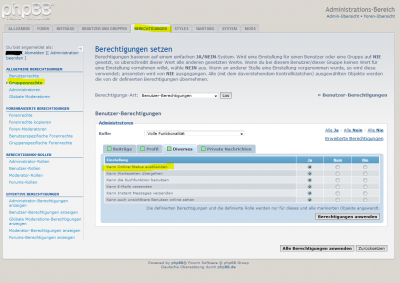 onlineverstecken.PNG (114 KiB) 926 mal betrachtet Gruppenrechte --> Administratoren --> Tab: Diverses
