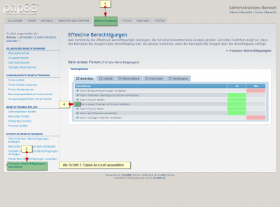 rechteverfolgen1.png (96.47 KiB) 160 mal betrachtet Rechte verfolgen. Schritt 3: Forum auswählen --> Gäste-Benutzerkonto auswählen