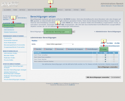 adminforenrechte.png (121.01 KiB) 535 mal betrachtet Im Admin-Bereich einfach von 1-4 durchklicken.
